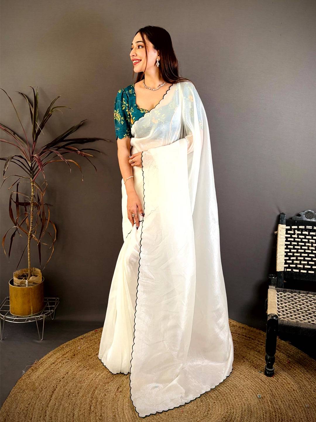 White Bariq Cutwork Crash Silk Saree