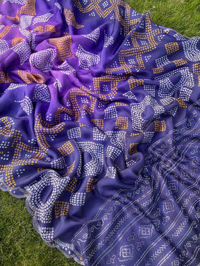 Georgette Silk Saree with Ombre Bandhej Print & Stone Work