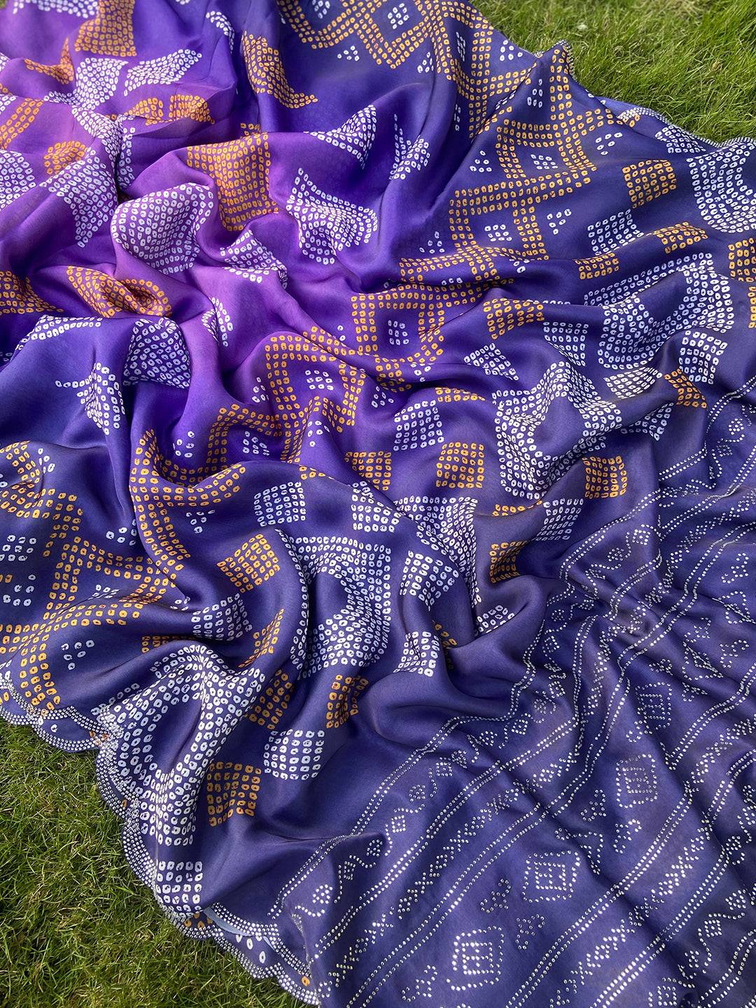 Georgette Silk Saree with Ombre Bandhej Print & Stone Work