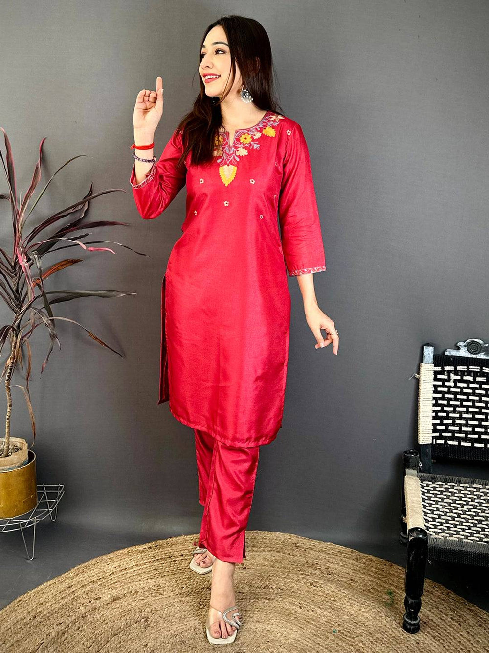 Brick Red Ari Work Cotton Zari Kurti