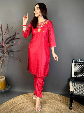 Brick Red Ari Work Cotton Zari Kurti