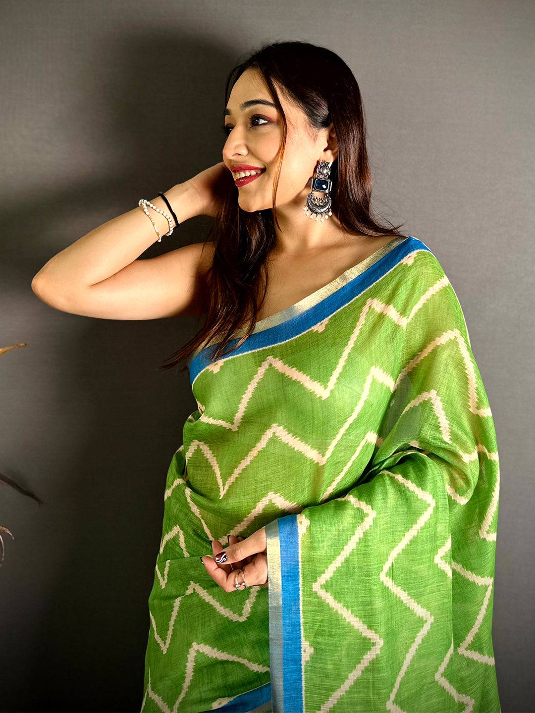 Exclusive Green Ikkat Print Linen Saree