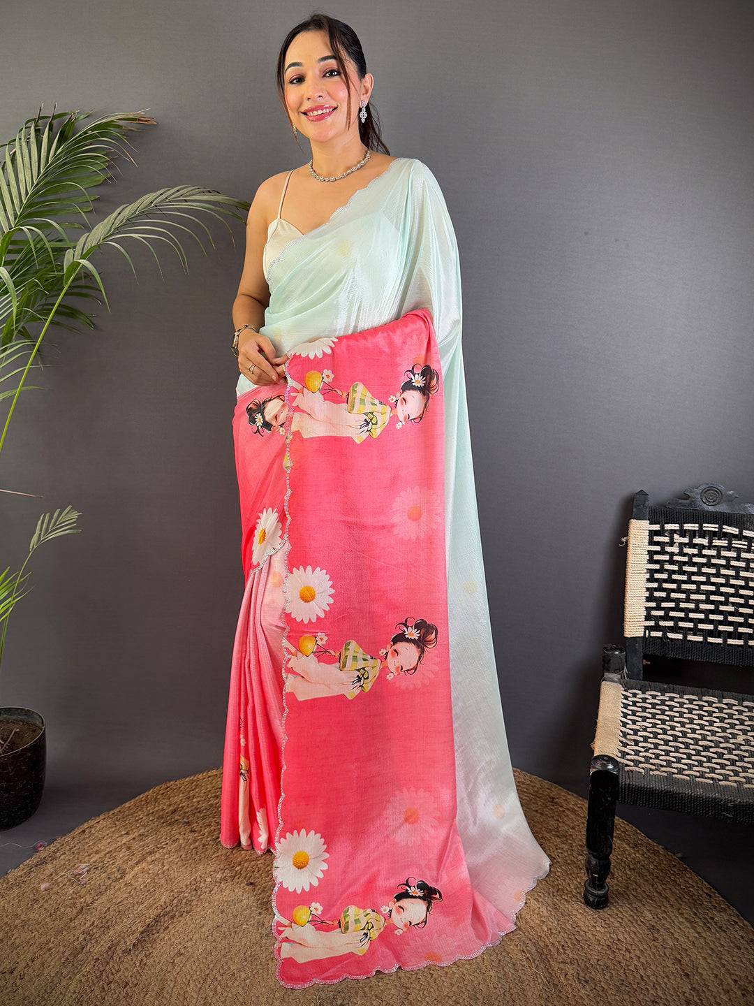 Radiant Barbie Digital Print Chinnon Saree