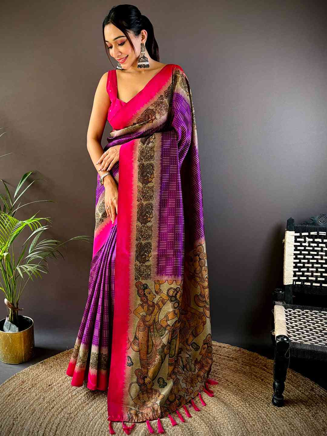 Purple Soft Silk Kalamkari Pallu Saree