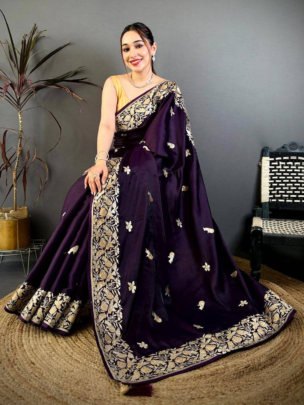 Purple Aari Bird Work Soft Satin Saree