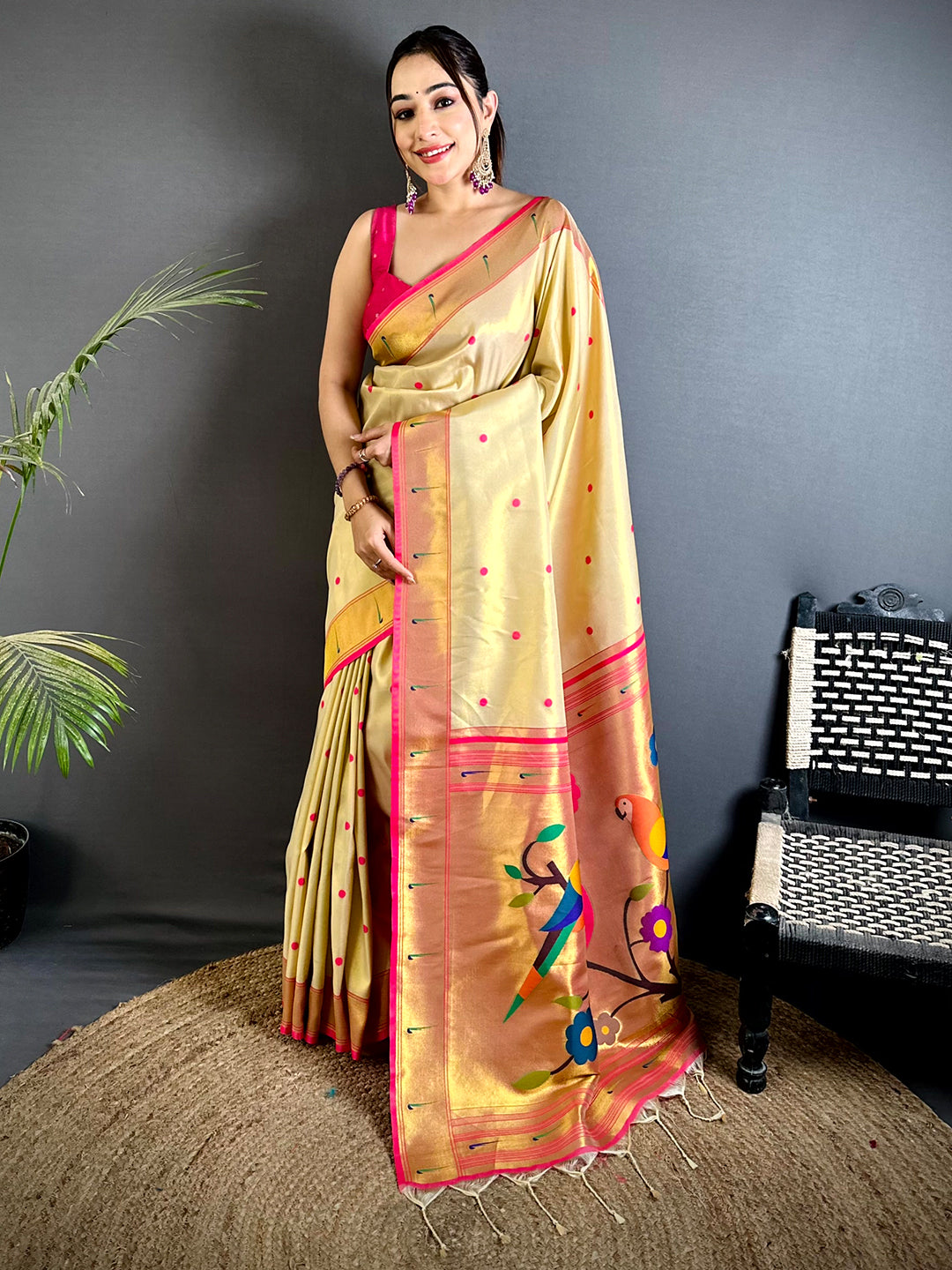 Gream Glass Tissue Yevla Paithani Saree