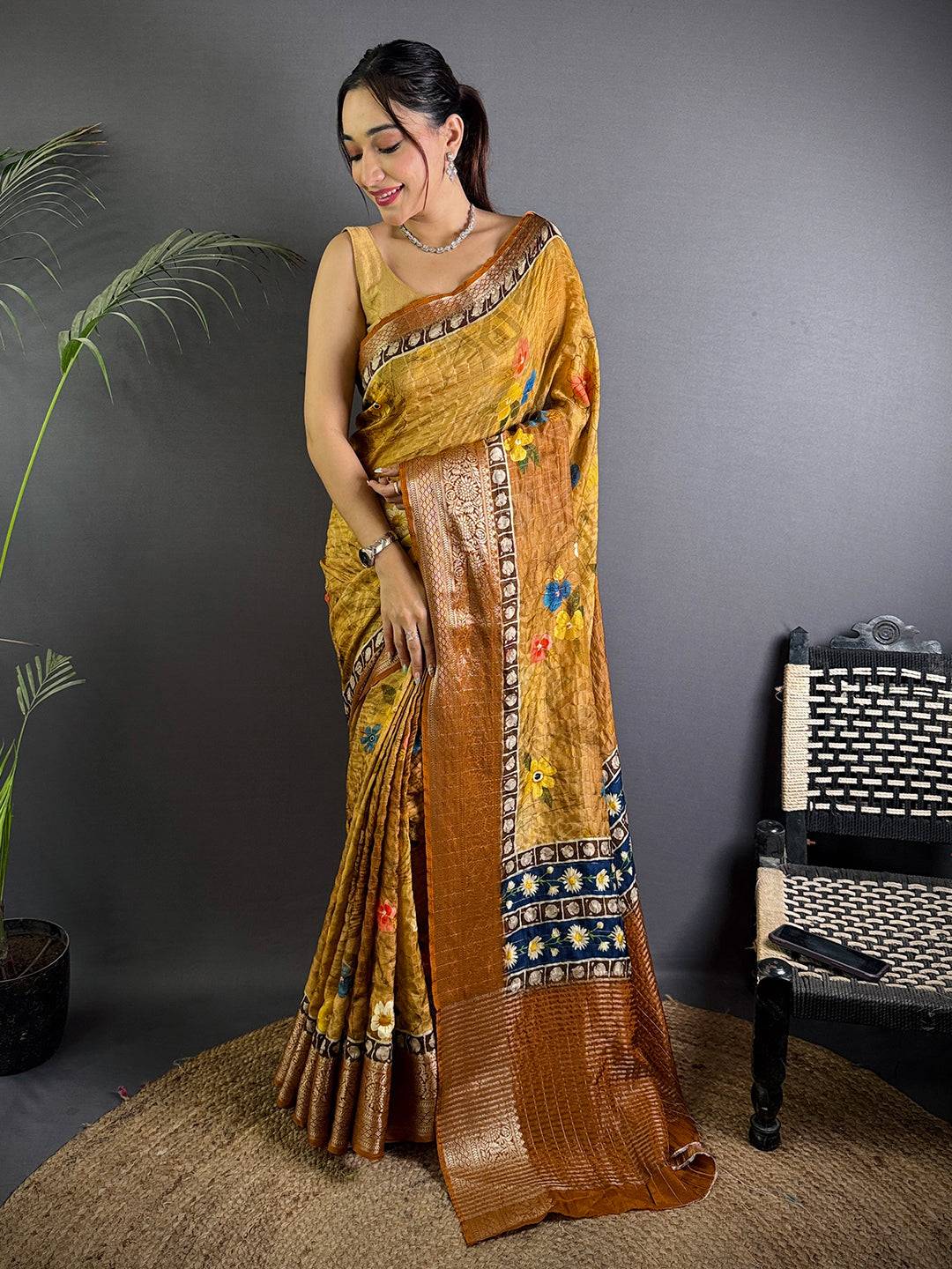 Honey Yellow Floral Printed Viscose Saree