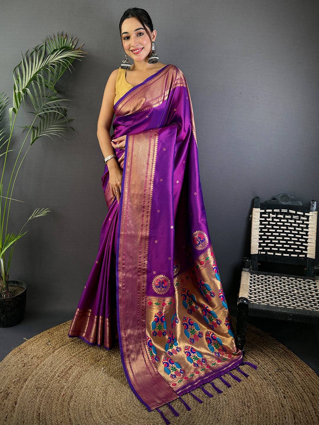 Wine Meenakari Copper Paithani Saree