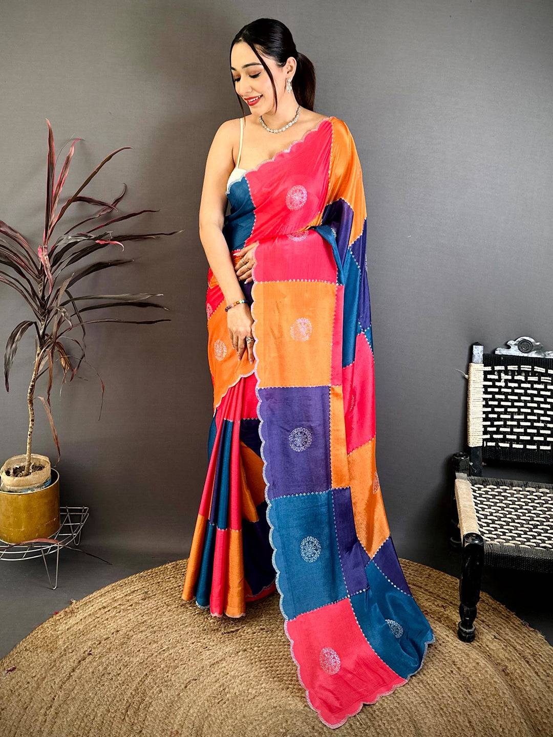 Stylish Multi Colour Printed Chinnon Chiffon Saree