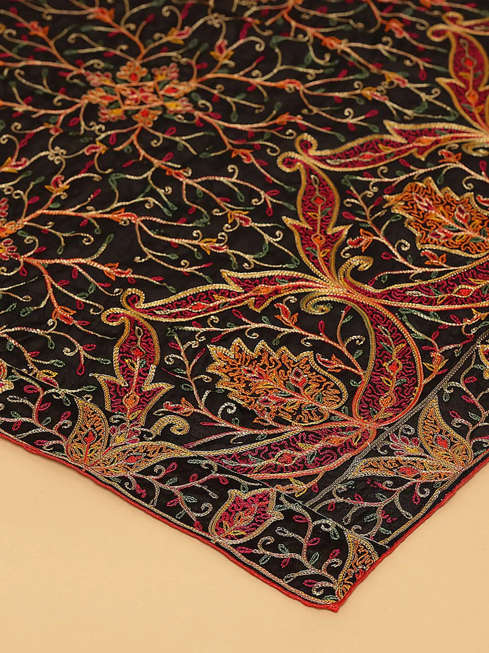 Close-up of black poly chiffon dupatta with threadwork