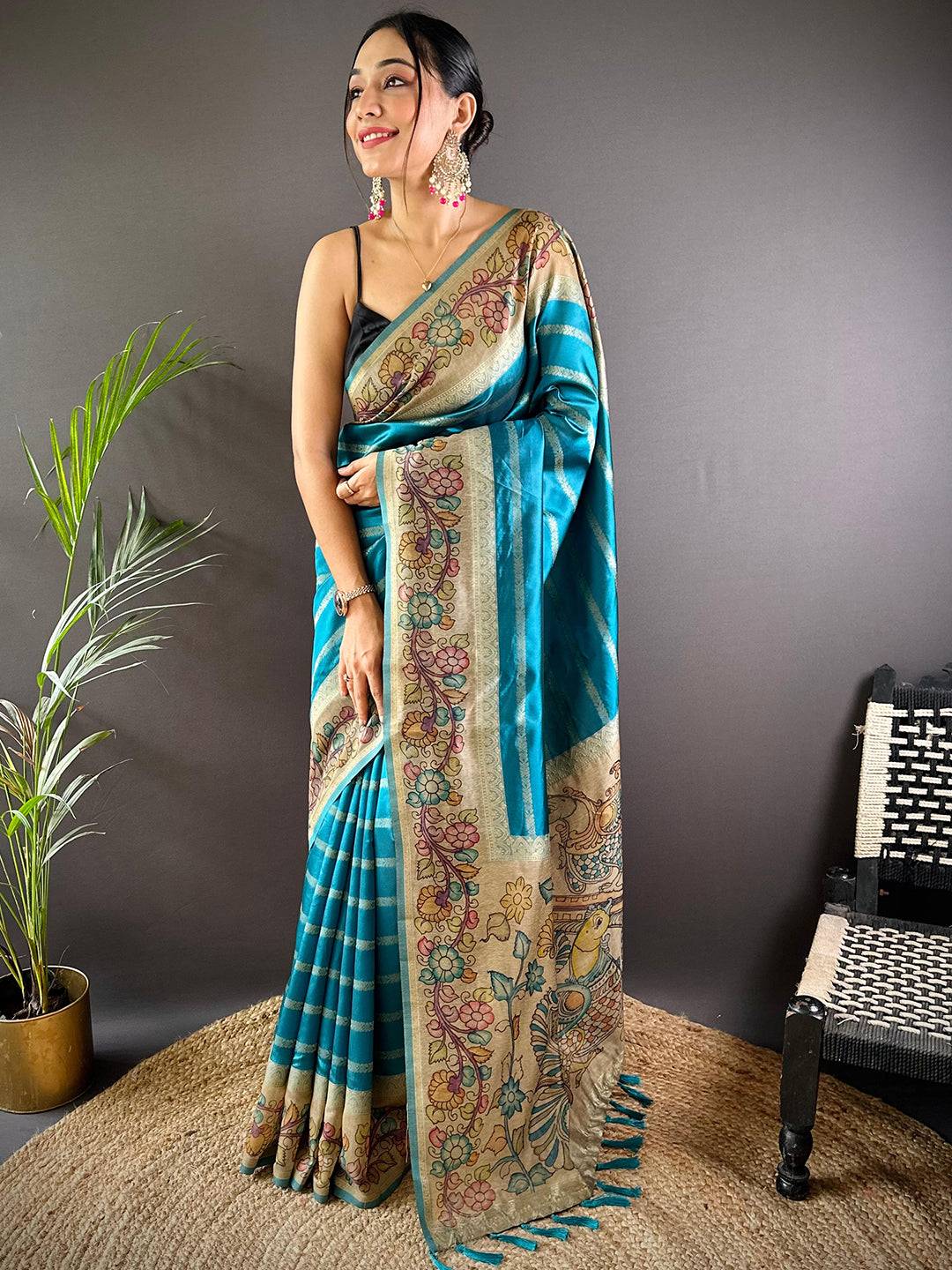 Sky Blue Geometric Zari And Kalamkari Silk Saree

