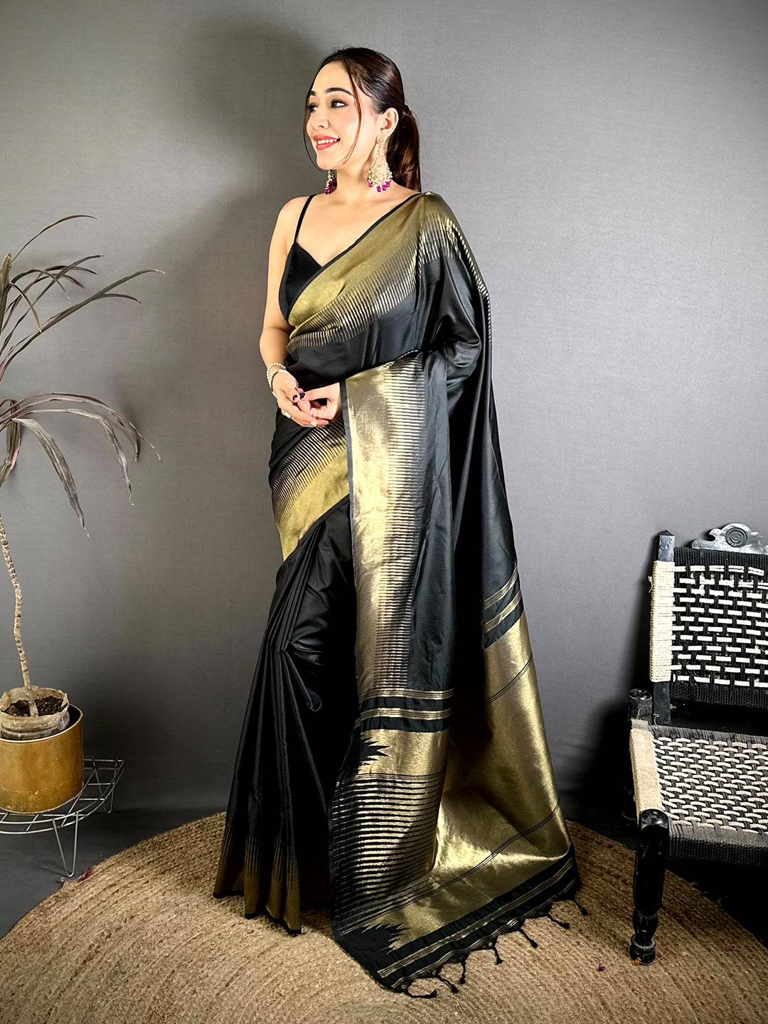 Dark Black Plain Body Ikkat Border Saree