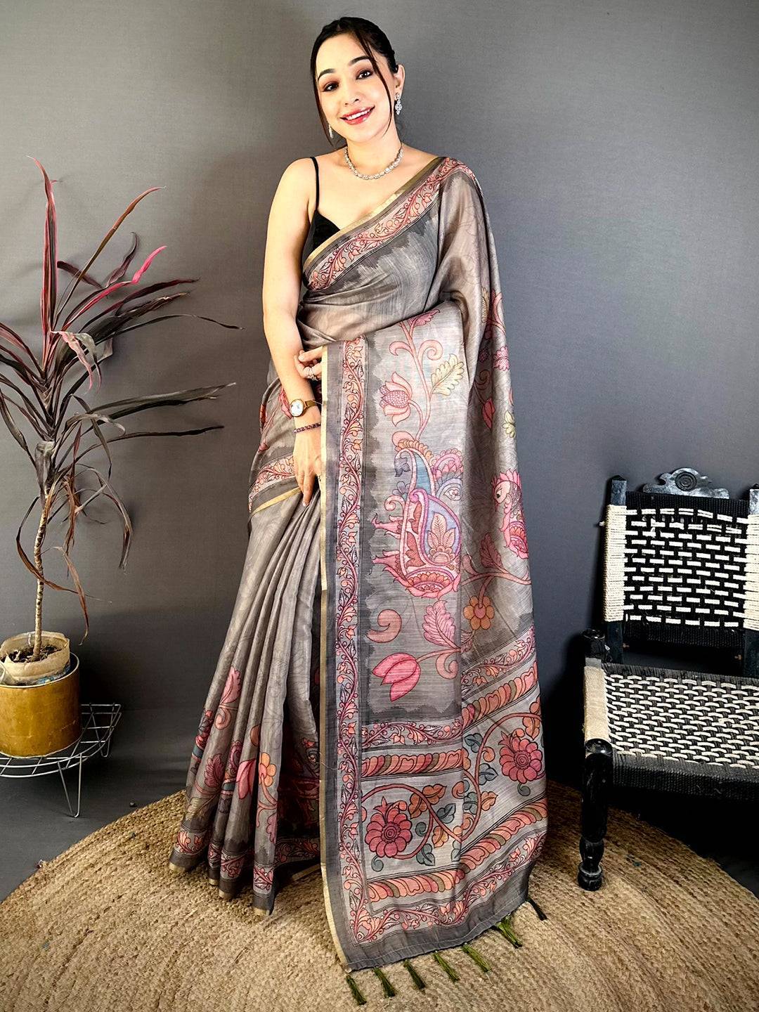 Grey Vintage Pen Kalamkari Chanderi Saree