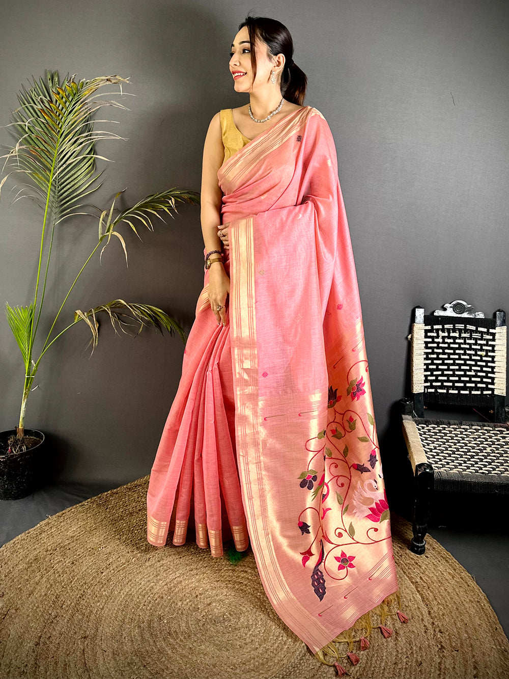 Peach Swan Minakari Linen Saree
