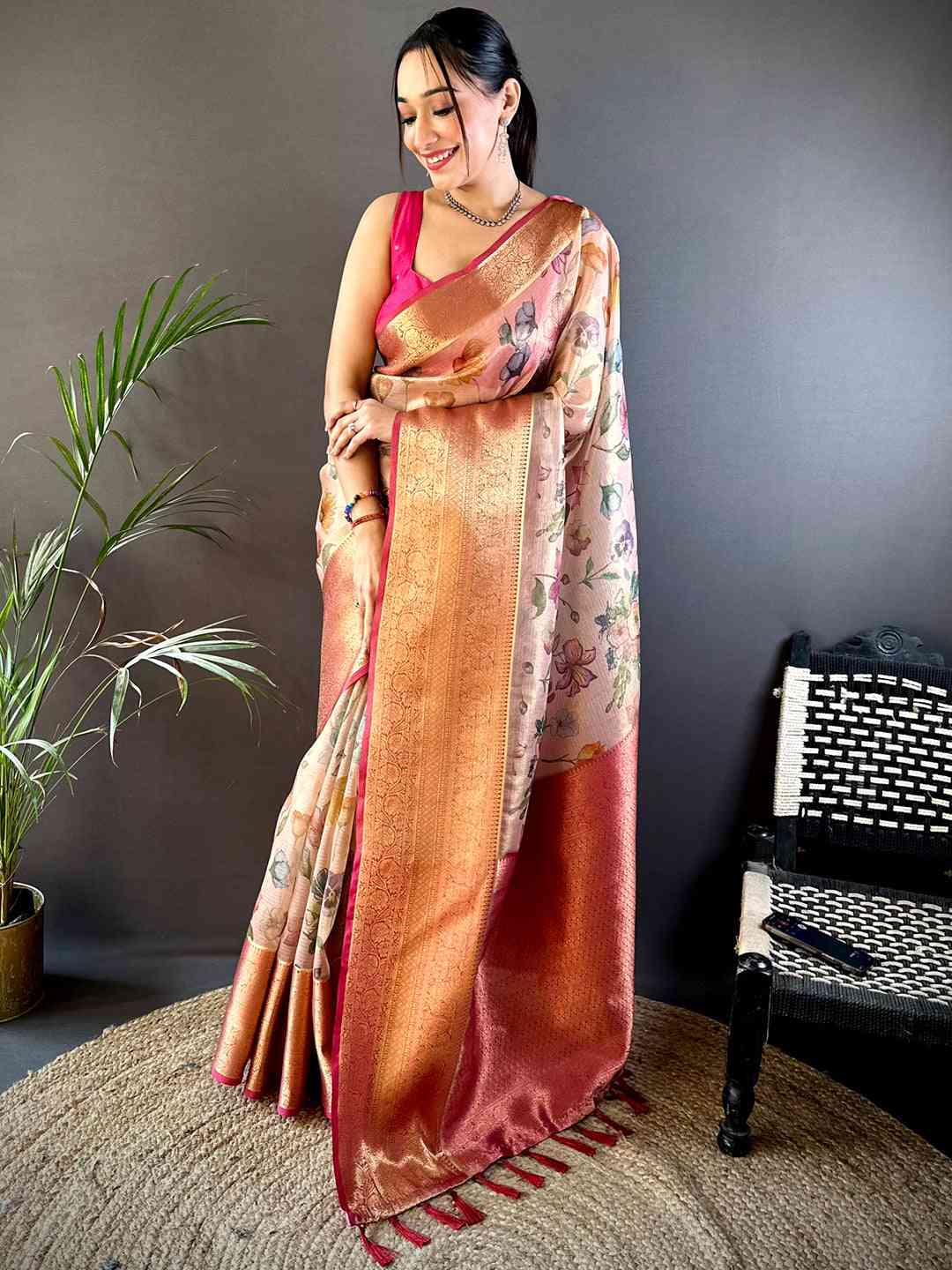 Tan Beige Floral Gold Zari Tissue Saree