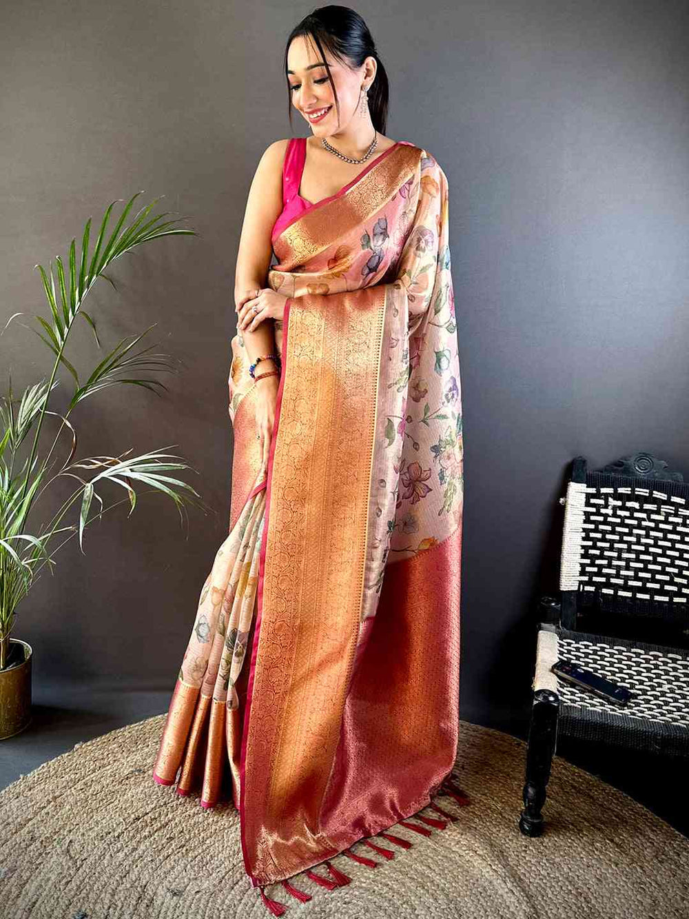 Tan Beige Floral Gold Zari Tissue Saree