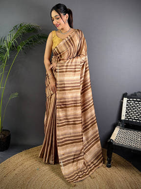 Brown Tussar Ghicha Stripe Saree