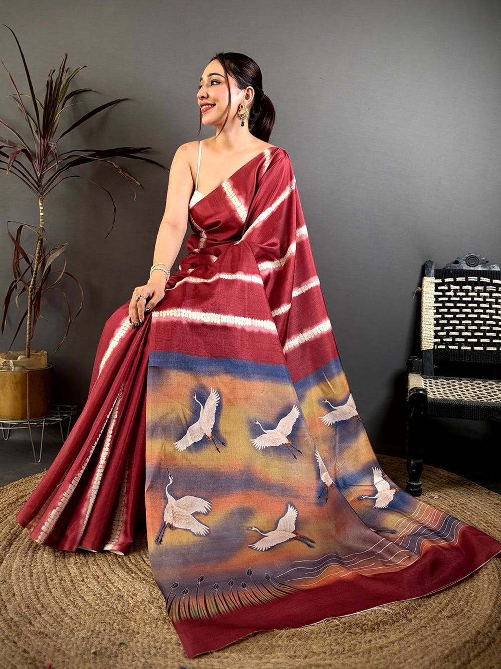 Soft Tussar Bird Shibori Print Saree