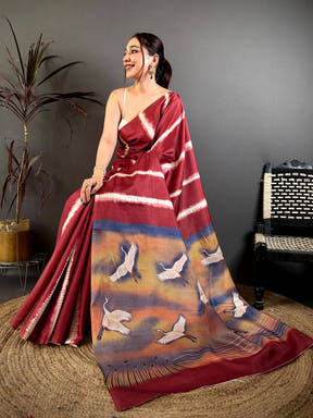 Soft Tussar Bird Shibori Print Saree