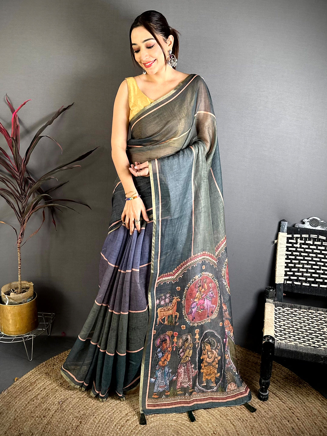 Regal Stripe Linen Tissue Saree