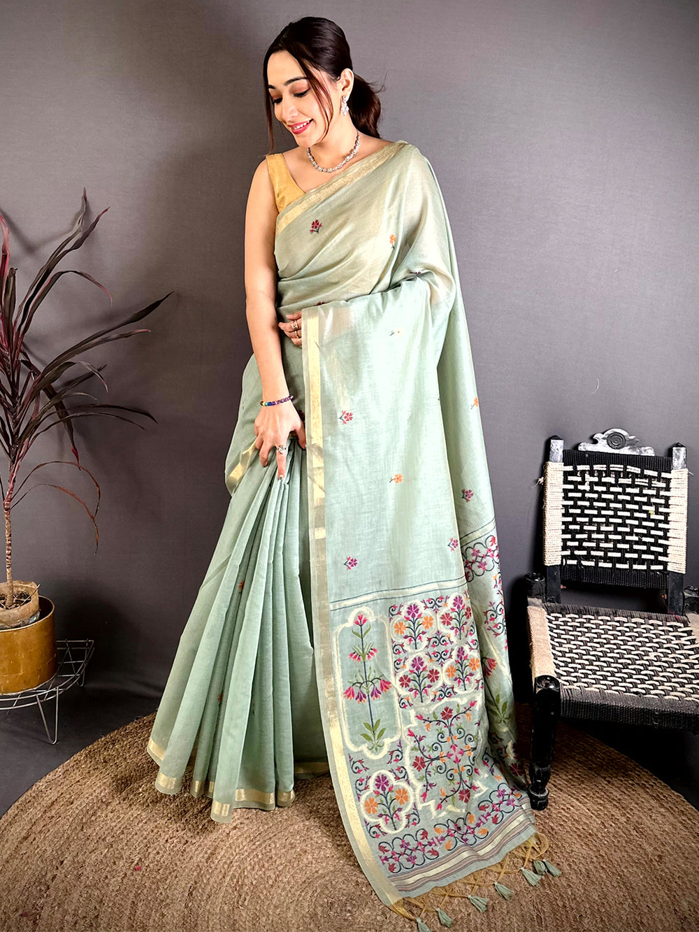 Sky Blue Minakari Khadi Cotton Saree