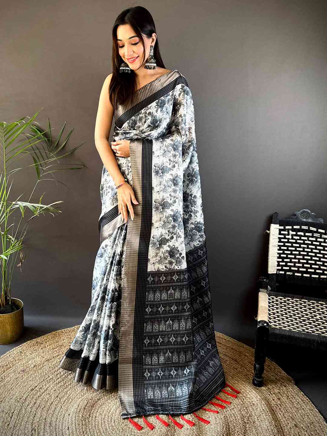 Black Check Tissue Chanderi Kalamkari Saree