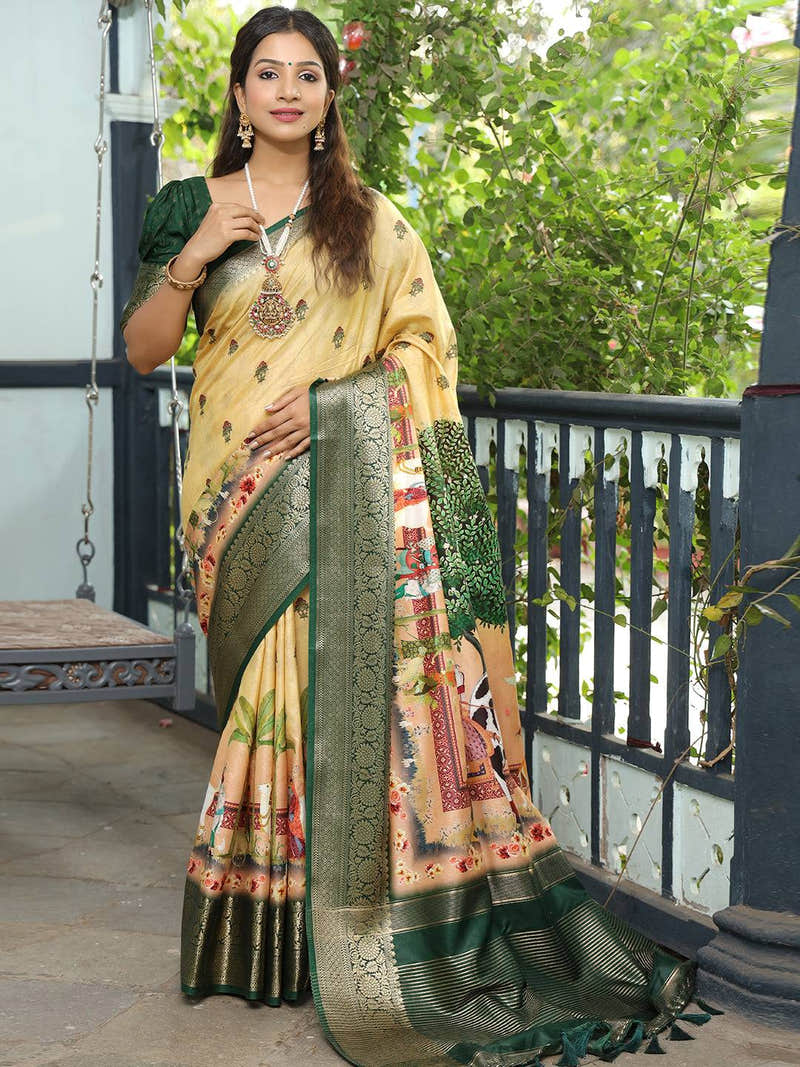 Viscose Dola Silk Yellow Colour Saree with Floral and Mughal Print - Luxe