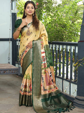Viscose Dola Silk Yellow Saree with Floral and Mughal Print