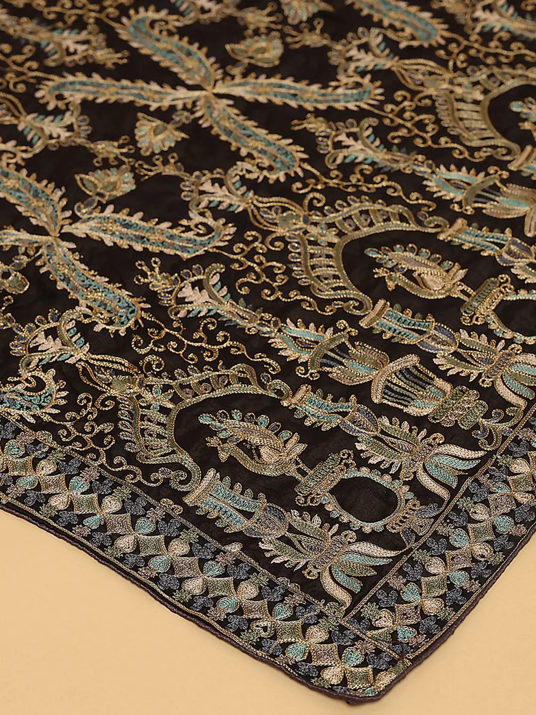 Close-up of intricate resham thread embroidery on dupatta