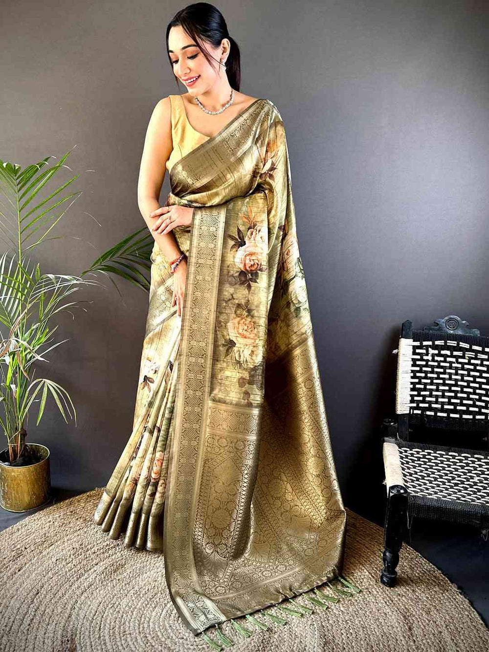 Green Ghicha Weave Floral Saree