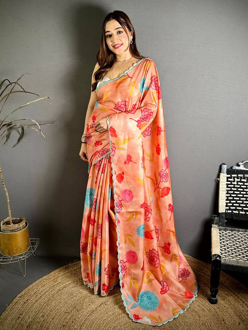 Tussar Floral Print Cutwork Border Saree