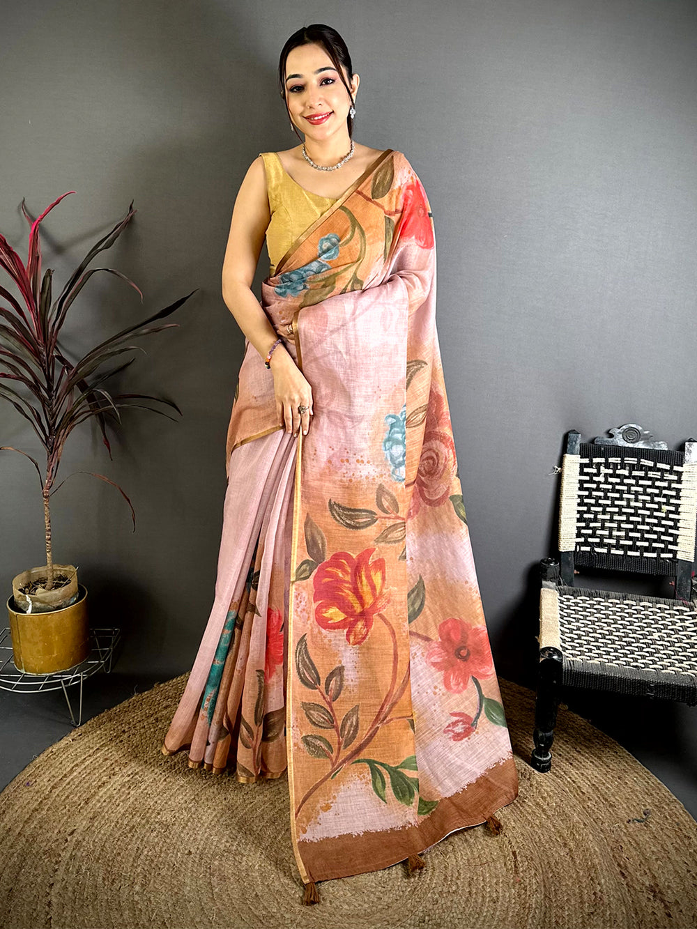 Peach Gold Zari Linen Chanderi Saree