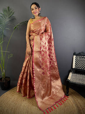Pink Tissue Jarokha Zari Weaving Saree
