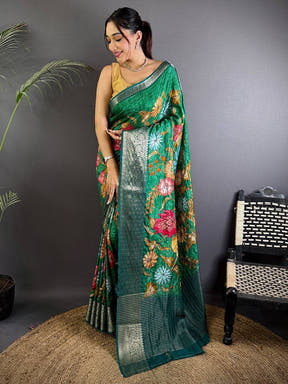 Deep Green Floral Printed Viscose Saree
