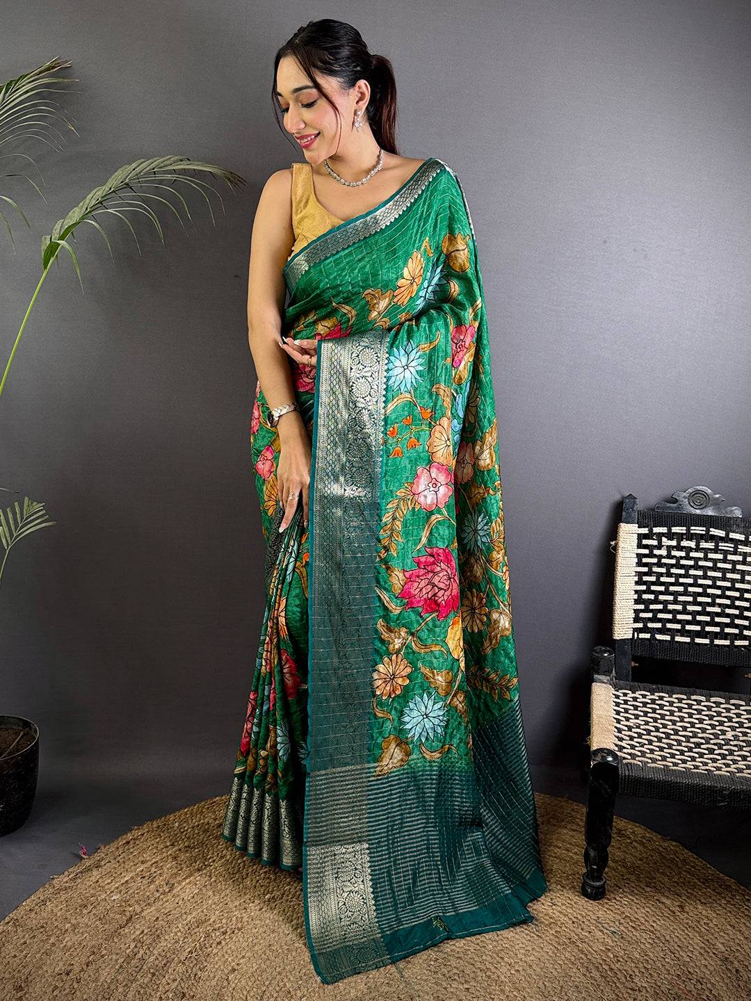 Deep Green Floral Printed Viscose Saree