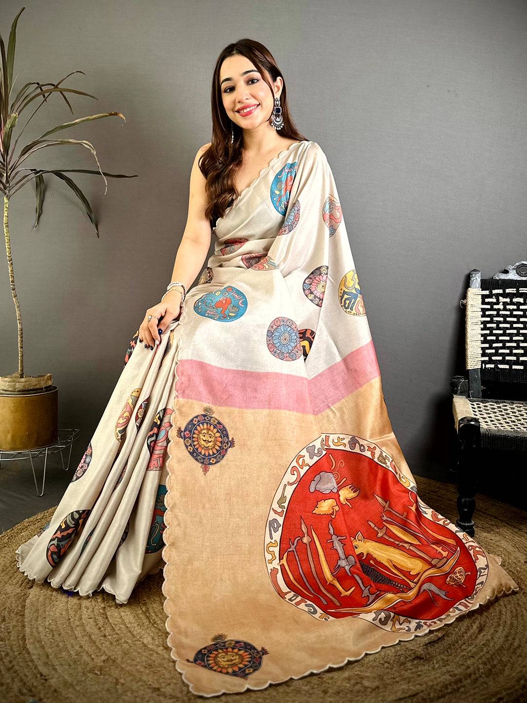 Radiant Tussar Kalamkari Cutwork Saree