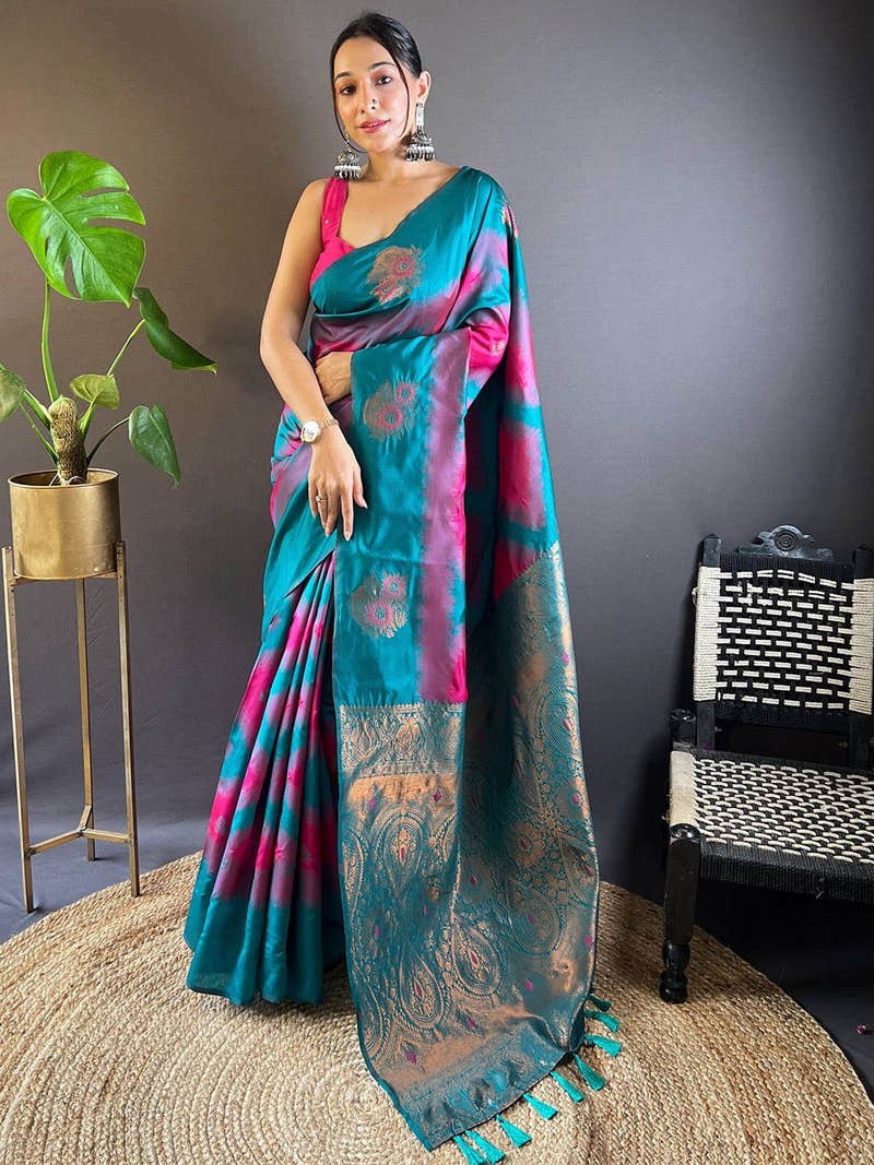 Rani Tussar Silk Ikkat Weaving Saree With Maggam Blouse