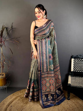 Radiant Block Ajrakh Print Soft Tussar Saree
