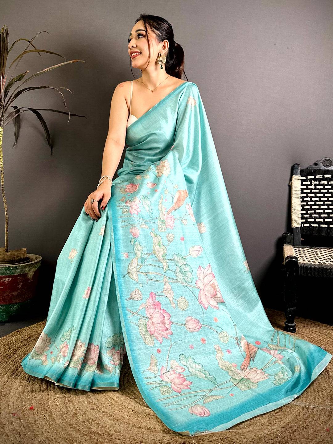 Elegant Tussar Lotus Ikkat Border Saree