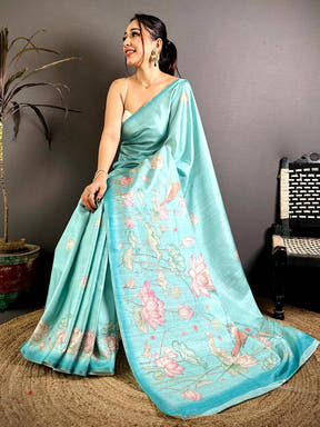 Elegant Tussar Lotus Ikkat Border Saree