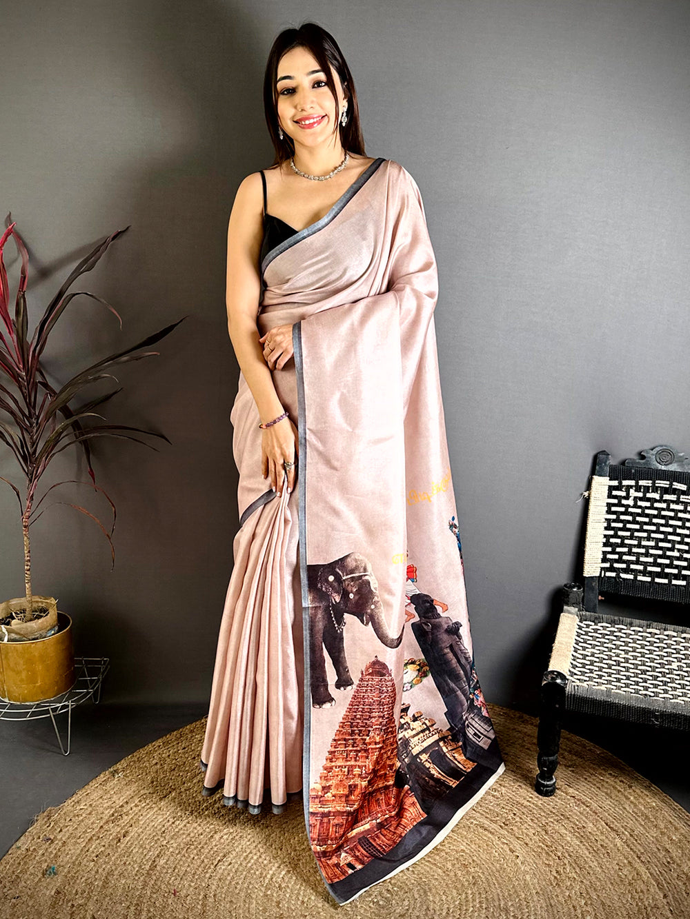 
Vibrant Tamil Cultural Icons Digital Print saree



