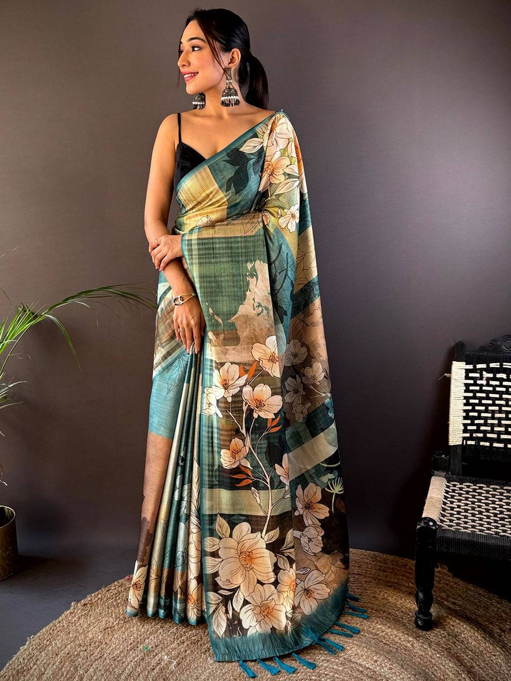 Teal Blue Semi-Gold Zari Abstract Tussar Saree