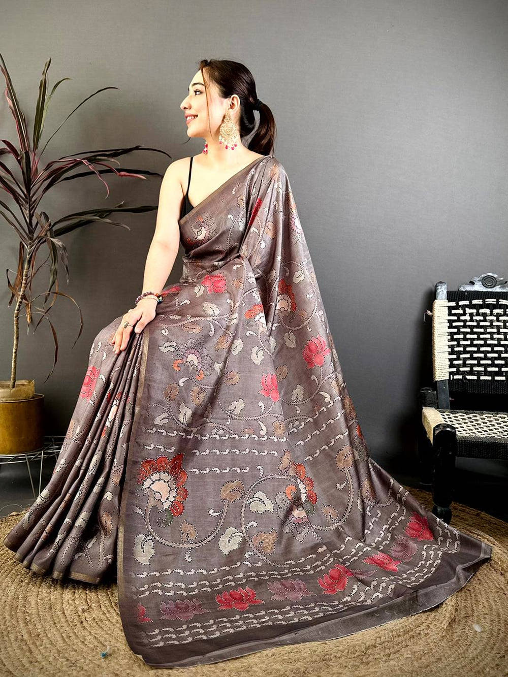 Taupe Brown Kalamkari Soft Zarna Silk Saree
