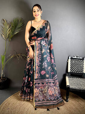 Artistic Floral Hand Art Linen Saree