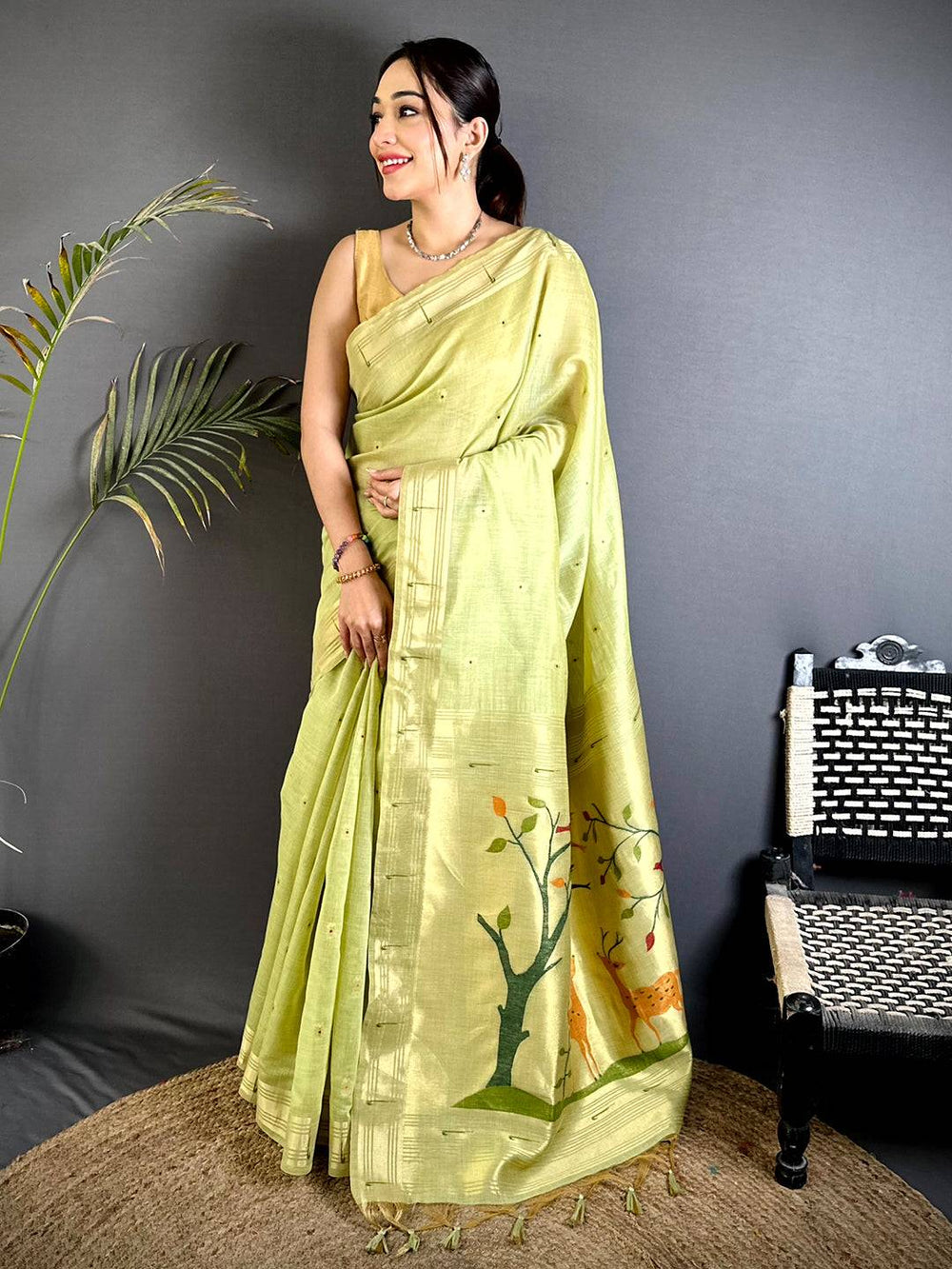 Pista Minakari Paithani Khadi Linen Saree