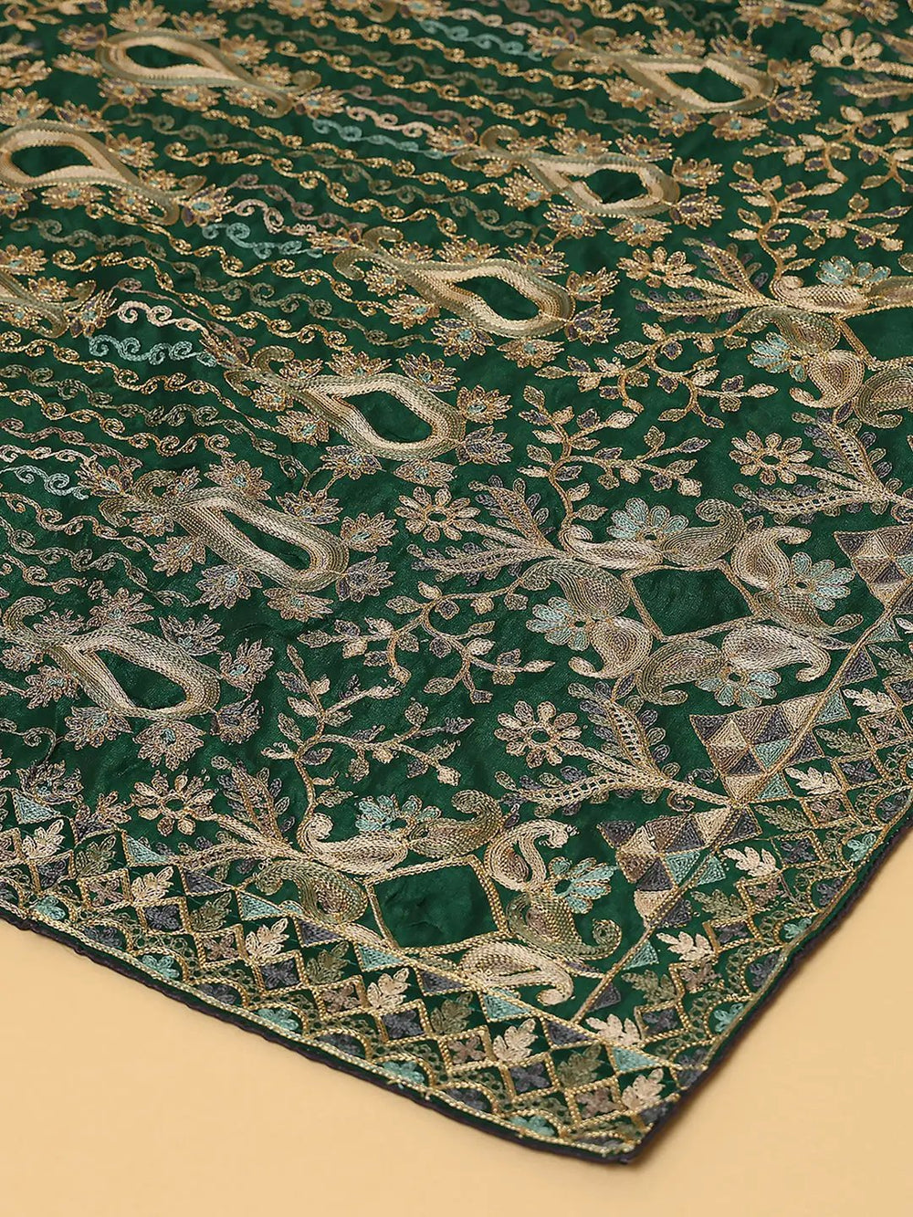 Close-up of green poly chiffon pashmina dupatta threadwork