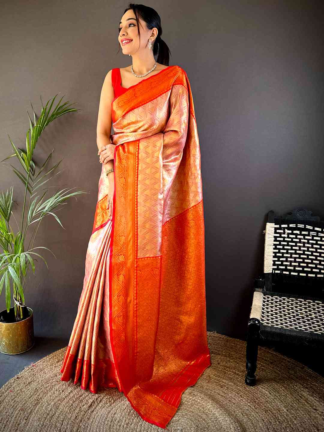 Red Golden Geometrics With Floral Elegance Sare
