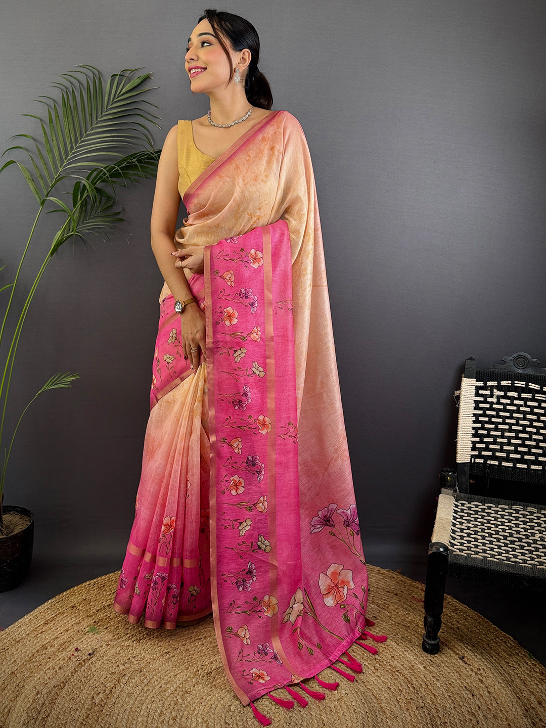 Light Pink Linen Chanderi Floral Print Saree