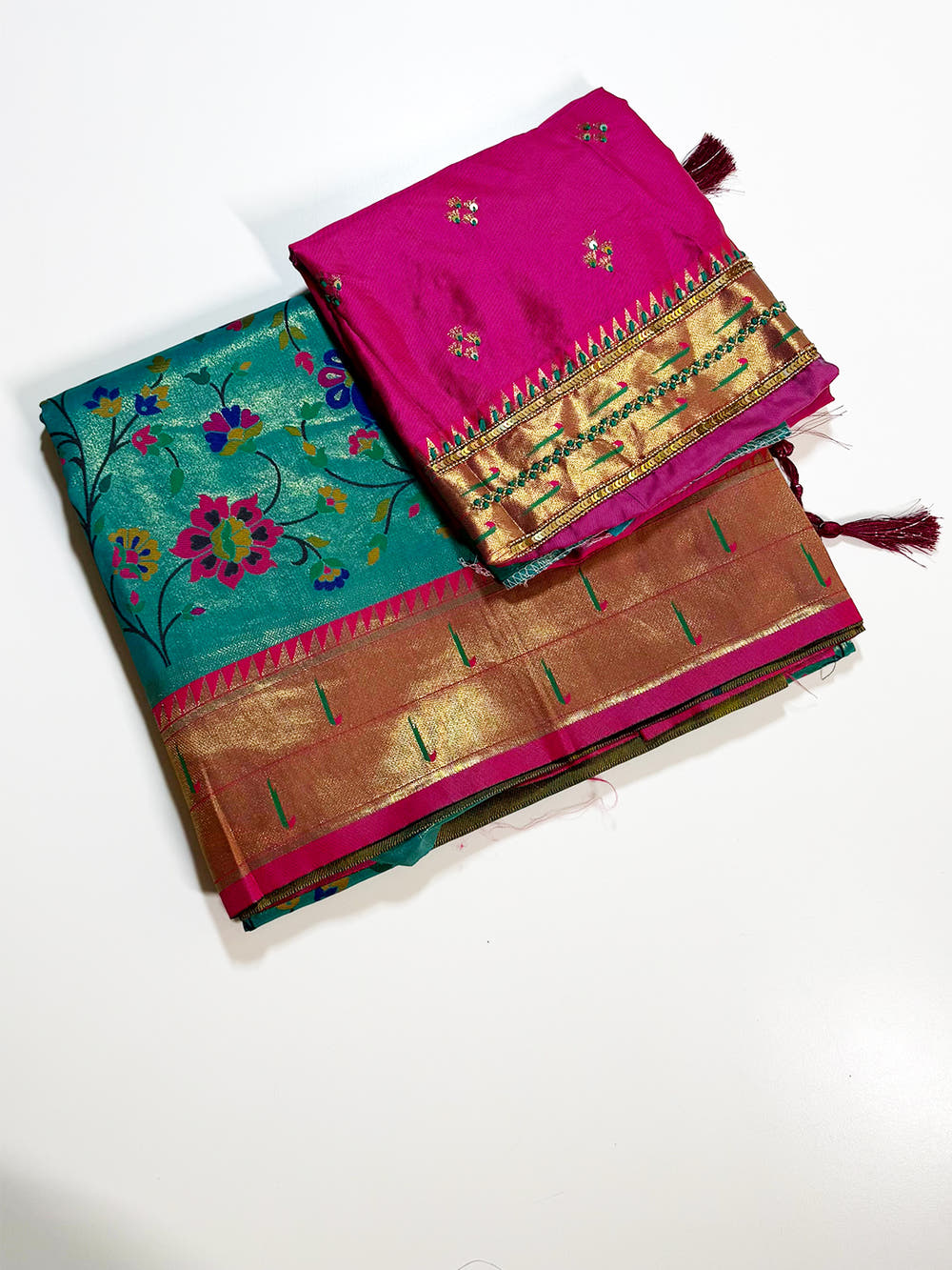 Rama Minakari Weave Soft Paithani Saree With Maggam Blouse