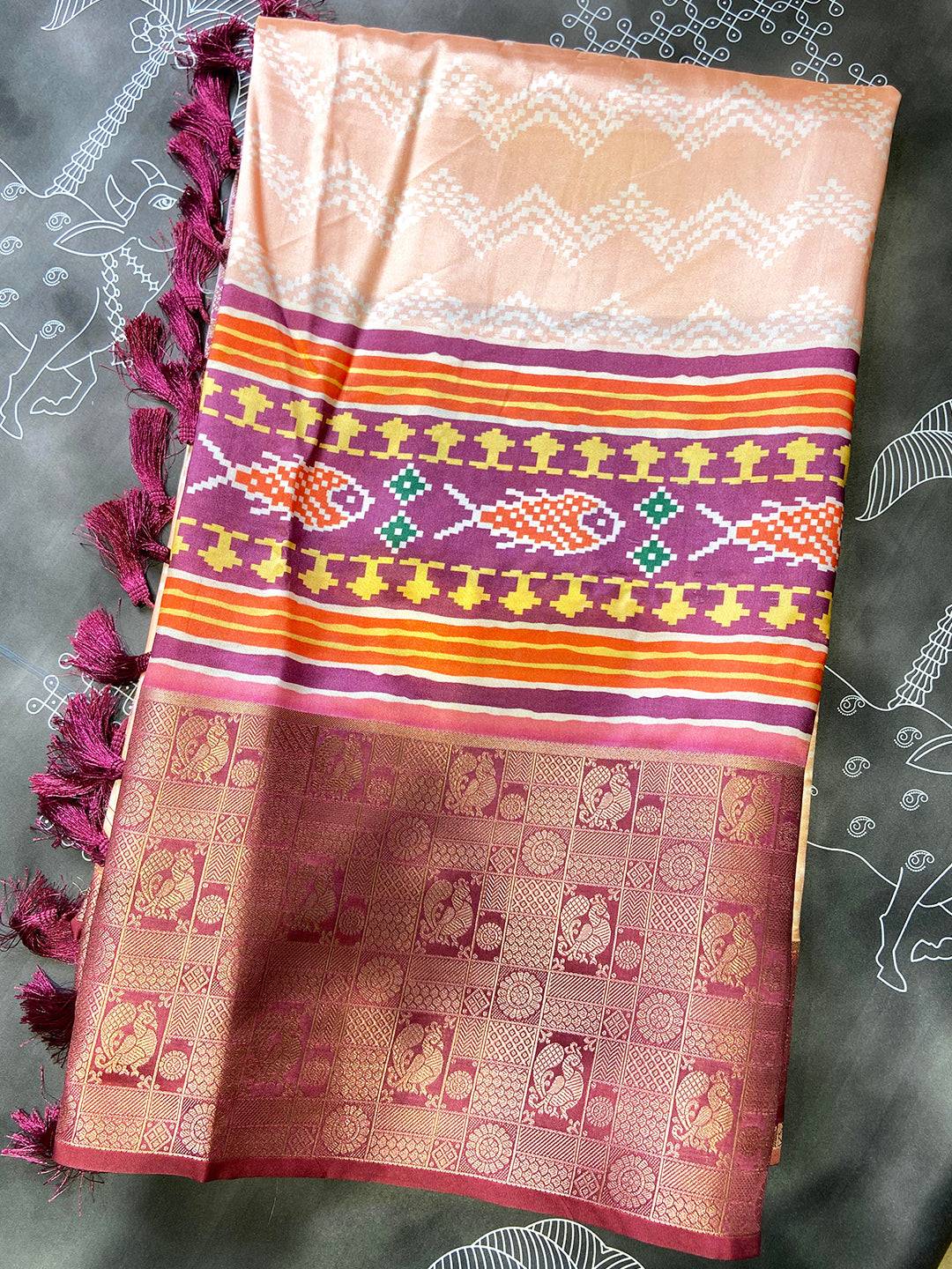 Light Orange Geometric Silk Saree